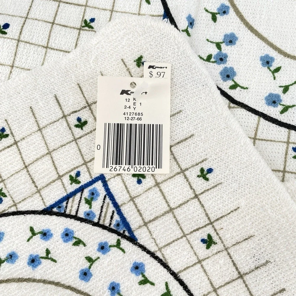 Mid Century Cotton Kitchen Towels White Royal Blue Floral x3 Kmart Vintage Tags